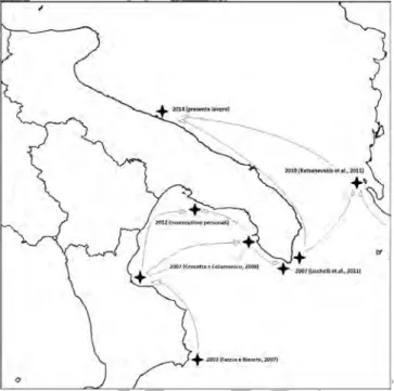 Fig. 1 - Diffusione recente di Percon gibbesi nel bacino Adriatico-Ionico.