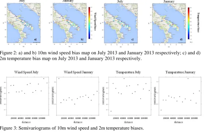 Figure 2: a) and b) 10m wind speed bias map on July 2013 and January 2013 respectively; c) and d)  2m temperature bias map on July 2013 and January 2013 respectively