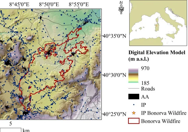 Fig. 1. Digital elevation model (DEM) of the study area (North Sardinia, Italy) along with roads and  urban and anthropic areas (AA)