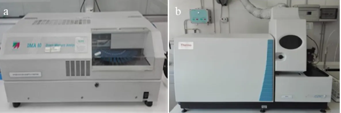 Fig. 2.9 (a) DMA 80 used for the determination of mercury (Hg). (b) ICP-MS used for  the determination of trace elements