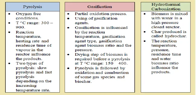 Figure 7. Characteristics of pyrolysis, gasification and hydrothermal carbonization processes