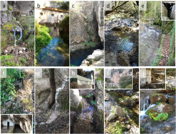 Fig.  5.  Photographs  of  the  karst  springs  studied  and  details  of  the  water  abstraction  systems: 