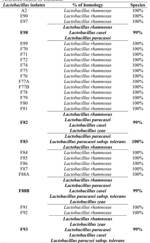 Table 6: Percentages of homology of sequence obtained from Lactobacillus isolates to  reference strains in GenBank 