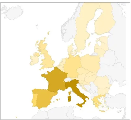 Figura 3 – Le Indicazioni Geografiche in Europa. La  gradazione  di  colore  da  giallo  chiaro  a  giallo  scuro  esprime  il  numero  crescente  di  riconoscimenti  per  nazione