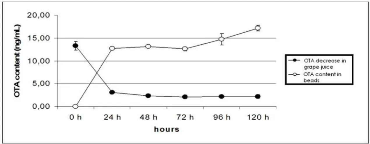 Figura  5.  Time  course  dell’adsorbimento  dell’OTA  da  parte  delle  sfere  e  andamento  del  decremento dell’OTA nel succo d’uva, per un tempo da 0-120 ore