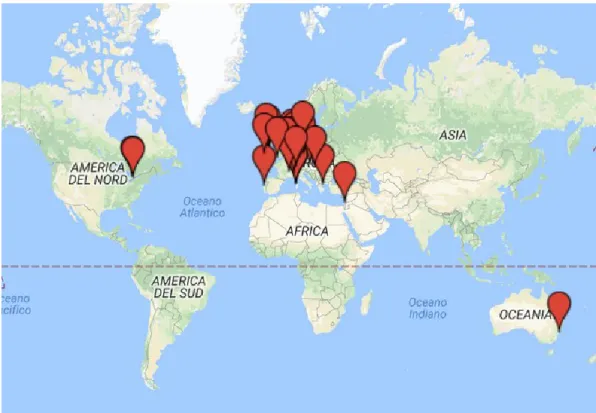 Figura 6. Mappa relativa alla distribuzione degli Science shop nel mondo. 