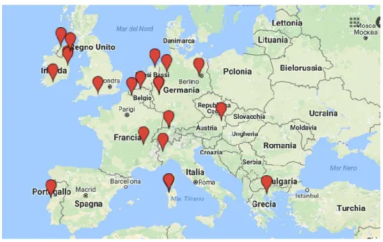 Figura 9. Mappa relativa alla distribuzione degli Science shop in Europa 