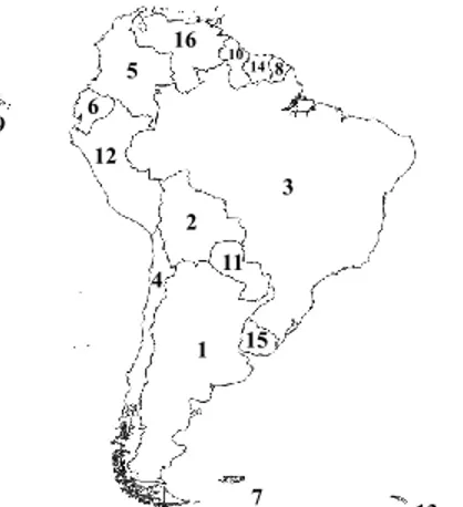 Figure 1. The 16 South American regions considered in the study were defined as follows: (1) Argentina, (2)  Bolivia,  (3)  Brazil,  (4)  Chile,  (5)  Colombia,  (6)  Ecuador,  (7)  Falklands  Islands,  (8)  French  Guiana,  (9)  Galapagos,  (10)  Guyana, 