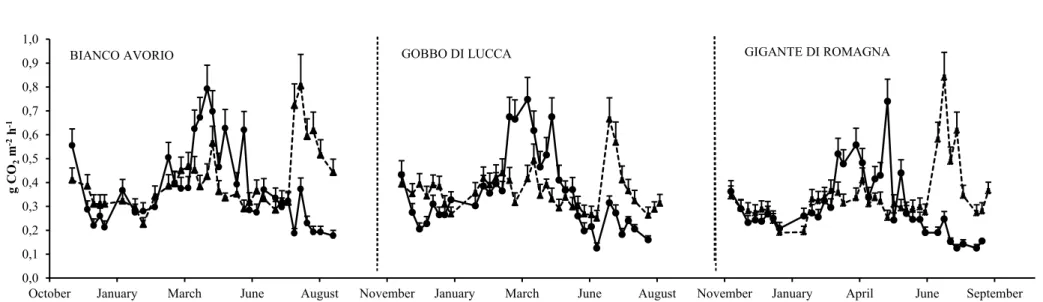 Figure  7:  Seasonal  dynamics  of  soil  respiration  rates  ±  SE  in  two  growing  seasons  for  the  LW-CB  (low  rate  of  fertilizer  plus  cover  crop  and  biochar) management