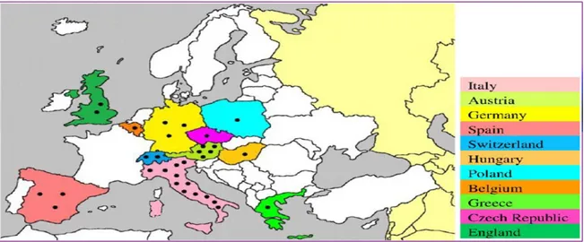 Fig.  1.5  Geographic  locations  of  USUV-related  epidemiological  studies  on  birds  and  mosquitoes in Europe (from Ashraf et al