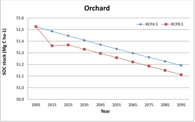 Figure 8g. Future projections of mean SOC stock from 2005 to 2095 in orchards.  50,951,051,151,251,351,451,551,6200520152025203520452055206520752085 2095