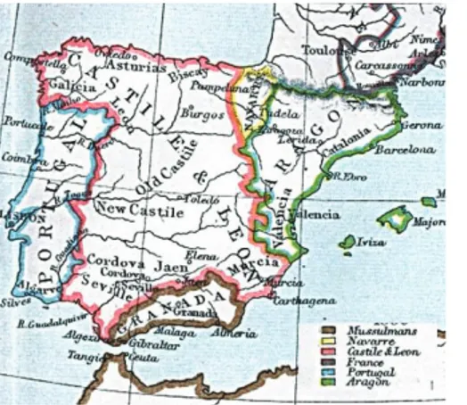 Figura 32: carta penisola iberica con divisione dei 3 regni della Corona d'Aragona. 