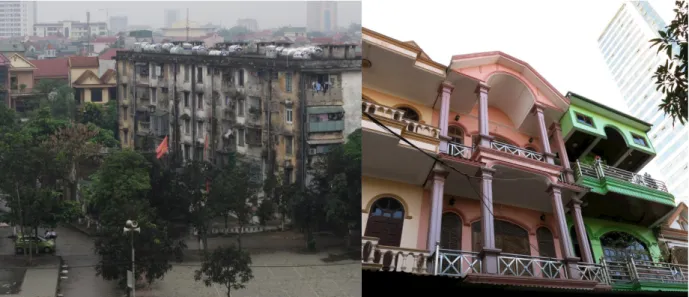 Fig. 1 Social housing apartment blocks and typical Vietnamese one-family houses 