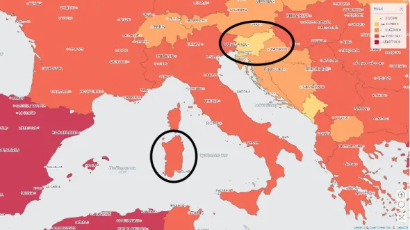 Figura 2: distribuzione grafica compartimento ovino, area Mediterranea, Sardegna e  Slovenia