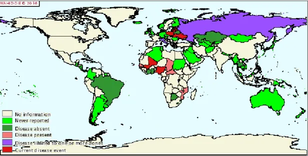 Figure  1.3  Distribution  of  ASFV  from  January  2016.  Figure  taken  from  http://web.oie.int (disease and distribution maps)