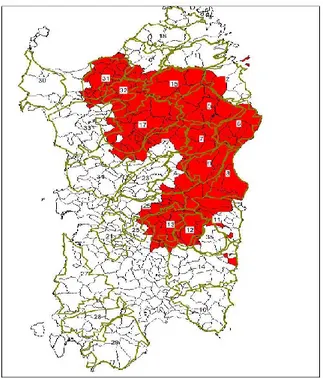 Figura 1.9. Area (‘macroareali infetti nel selvatico’) of Sardinia where wild boar  hunt is forbidden (Determinazione n