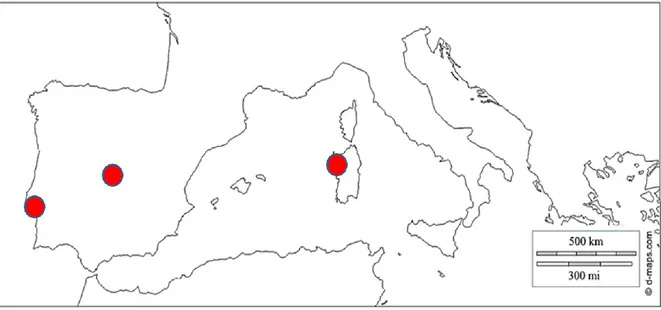 Figure  1:  The  Mediterranean  Basin  and  the  location  of  the  three  experimental  sites  involved in the NitroMed network  