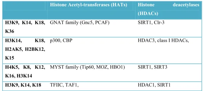 Table  4.  Principal  histone  acetyltransferase  (HATs)  and  deacetylases  (HDACs)  and  their  relative  target