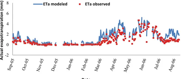 Fig.  29.  Daily  trend  of  modeled  and  observed  actual  evapotranspiration,  in  Klingenberg,  in  2005-2006.