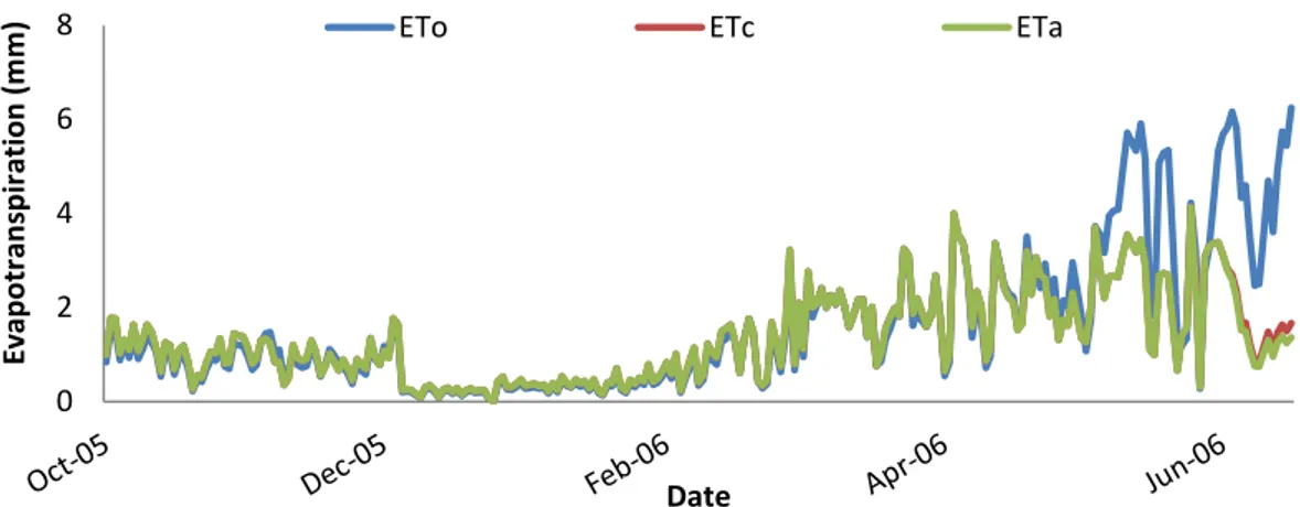 Fig.  36.  Daily  trend  of  reference,  crop,  and  actual  evapotranspiration  (ETo,  ETc,  and  ETa,  respectively), in Grignon, in 2005-2006
