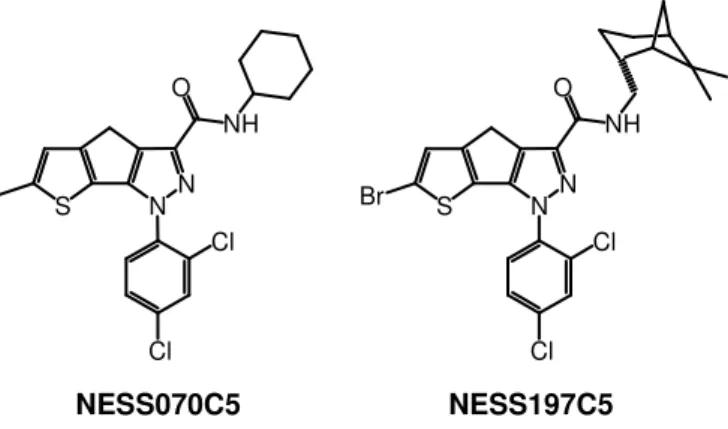 Figura  6.  Formule  di  struttura  di  composti  pirazolici  triciclici  condensati  NESS070C5  e  NESS197C5 con affinità per i recettori CB 2 
