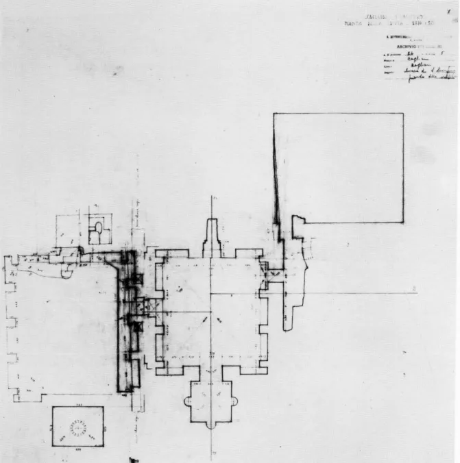 Figura 6: planimetria degli ambienti sottostanti la chiesa di S. Lucifero eseguita in occasione degli scavi del 1947- 1947-1948