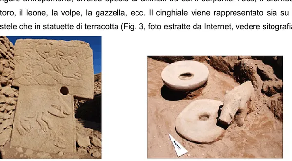 Fig. 3 Tempio di Gobleki Tepe: stele con bassorilievo e statuina in terracotta raffiguranti il cinghiale 