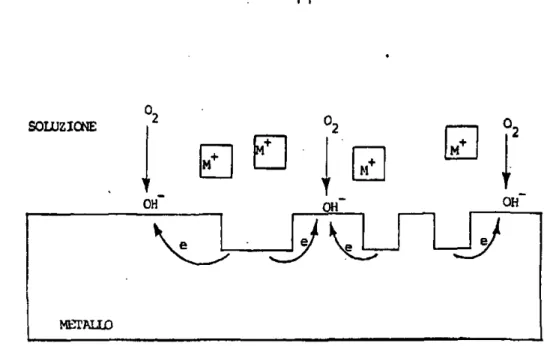 Fig. 2 - Schema di meccanismo elettrochimico di cor- cor-rosione generalizzata; processo catodico ed anodico si sviluppano sulla medesima area.