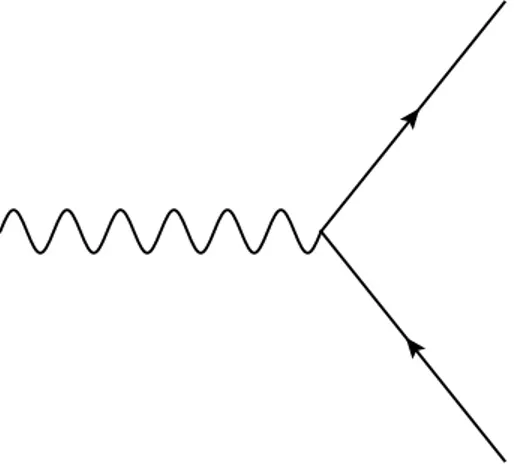Figure 4: Diagramma di Feynman per decadimento di un bosone vettore. dΓ = 1 32π 2 q M 24 − m 2M2 4e 23 (M 2 + 2m 2 )dΩ