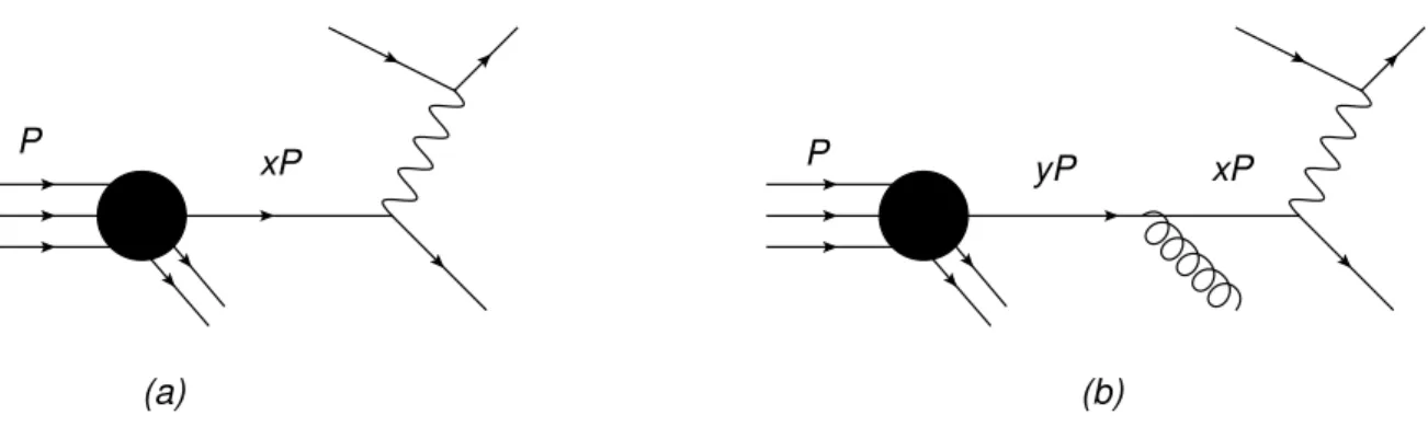 Figure 11: Deep Inelastic Scattering e − P → e − X nel modello a partoni (a) e prima correzione perturbativa di ordine α s (b).