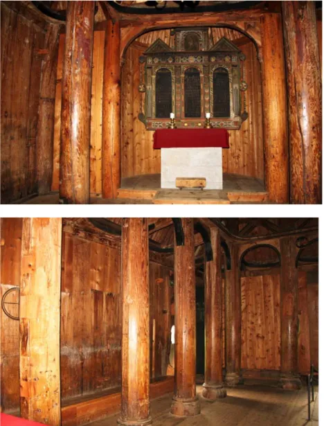 Fig. 6 e 7 - L’interno della stavkirke di Hopperstad, nella zona del Sognefjord. 