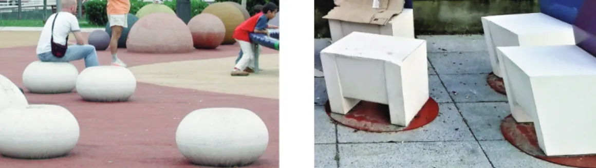 Fig. 6 - Urban furniture benches made of concrete containing coarse aggregates and superficial chromatic finishing: local cracking, colour variation, extensive patina (operating life: 3 years); area: via ternengo, turin (credit: r