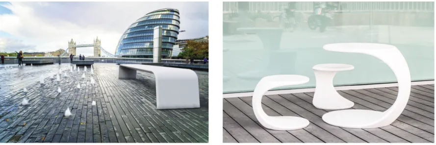 Fig. 13 - Alba, manufactured by beLLItALIA. Urban furniture benches made of uncoated, extremely thin-section Ul- Ul-tratense UHPc (credit: beLLItALIA).
