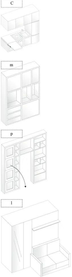 Fig.  7  -  The  three  proposed  modules  characterized  by different openings on the four sides