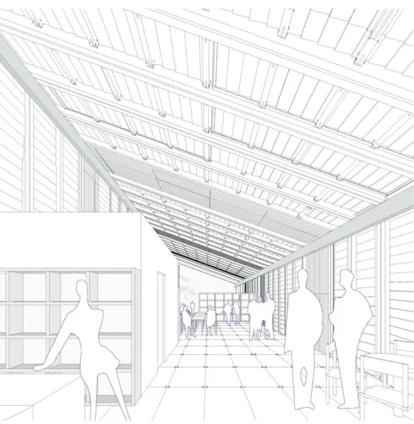 Fig. 8 - Inside space unit; pavilion for productive activities: view of indoor space.