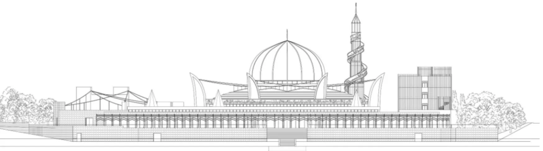 Fig. 6 - Paolo Portoghesi, la Grande Moschea di Strasburgo: primo progetto, sezione.