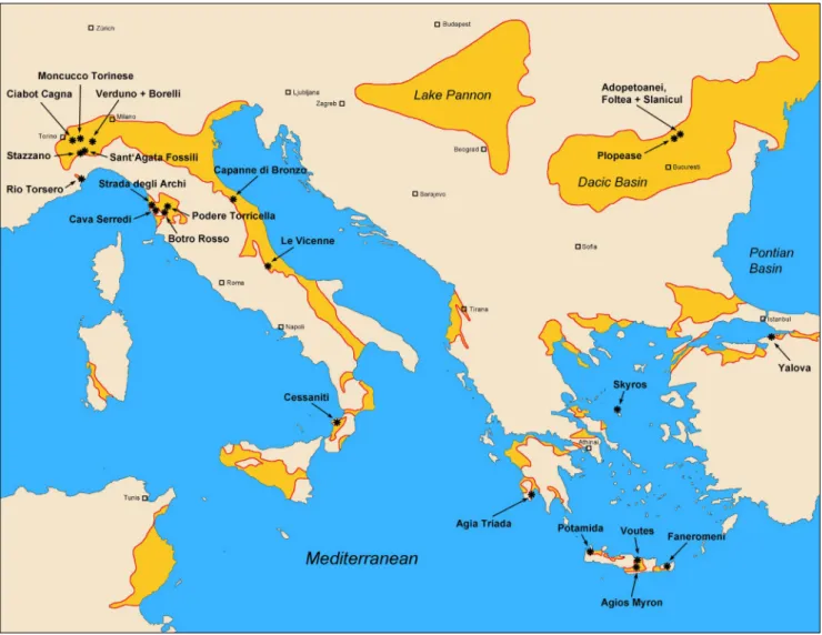 Fig. 1 - Location map of  sampled localities used for this study. Late Miocene to early Pliocene basin outlines in onshore terrain marked by  yellow color and red frame, simplified and schematized after Asch (2003) and Compagnoni &amp; Galluzzo (2005).