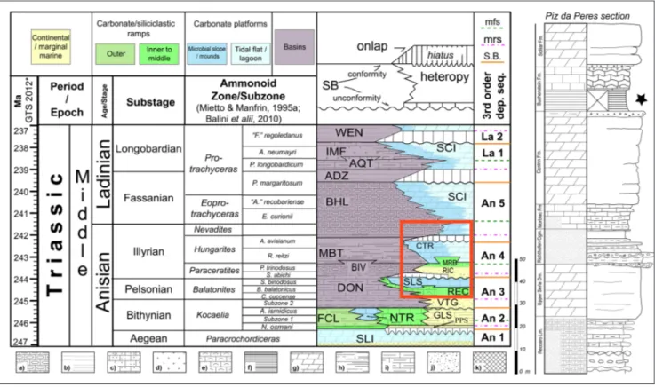 Fig. 2 - Stratigraphic framework of  the Middle Triassic of  the Peres/Prags Dolomites (modified after Gianolla et al