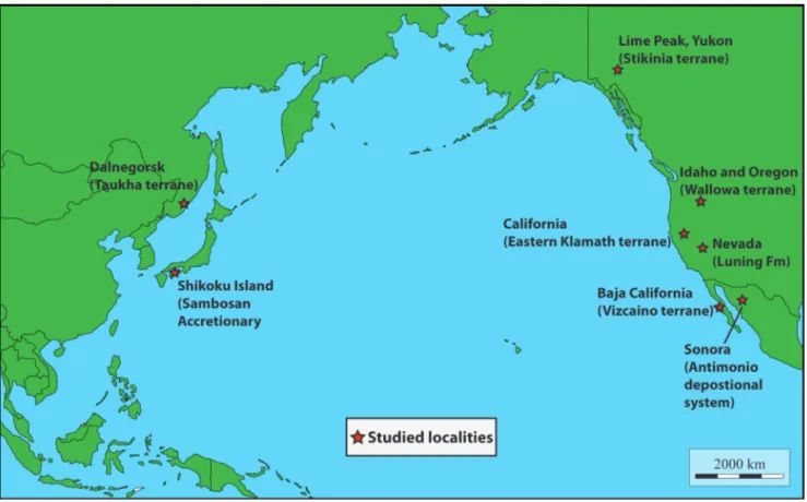 Fig. 1 - Location of  the studied areas providing calcareous algae in the circum-Pacific domain (base map modified after d-map.com).