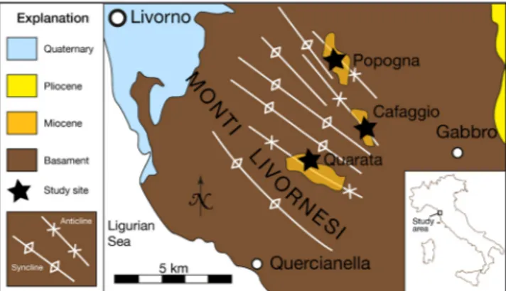 Fig. 1 - Location map of  the three studied localities. Scale is 5 km.