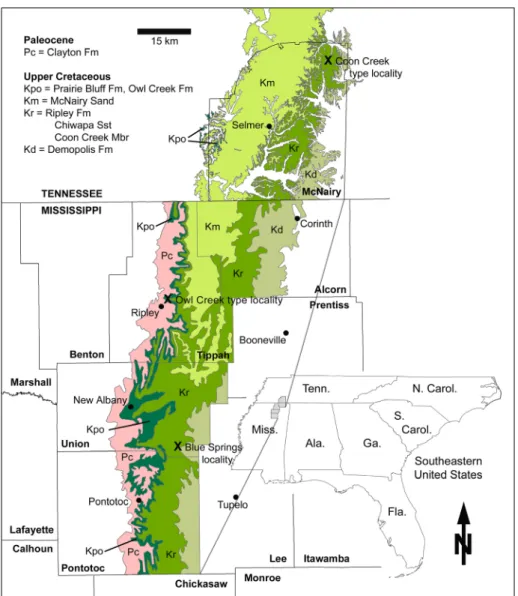 Fig. 1 -  Surface geologic map of   northeastern Mississippi  and adjoining Tennessee  showing relevant published  Maastrichtian (uppermost  Cretaceous) localities