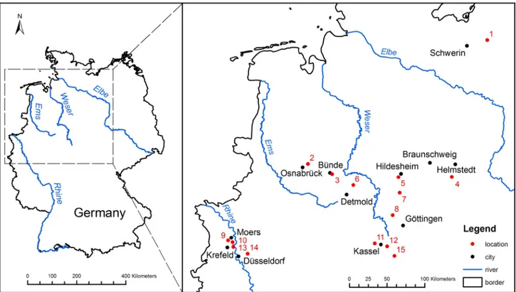 Fig. 1. Map of  Chattian brachiopod occurrences in NW Germany. Localities: 1 - Kobrow; 2 - Astrup; 3 - Doberg; 4 - Söllingen; 5 - Diekhol- Diekhol-zen; 6 - Göttentrup; 7 - Freden; 8 - Volpriehausen; 9 - Kapellen; 10 - Rumeln; 11 - Ahnatal; 12 - Niederkaufu