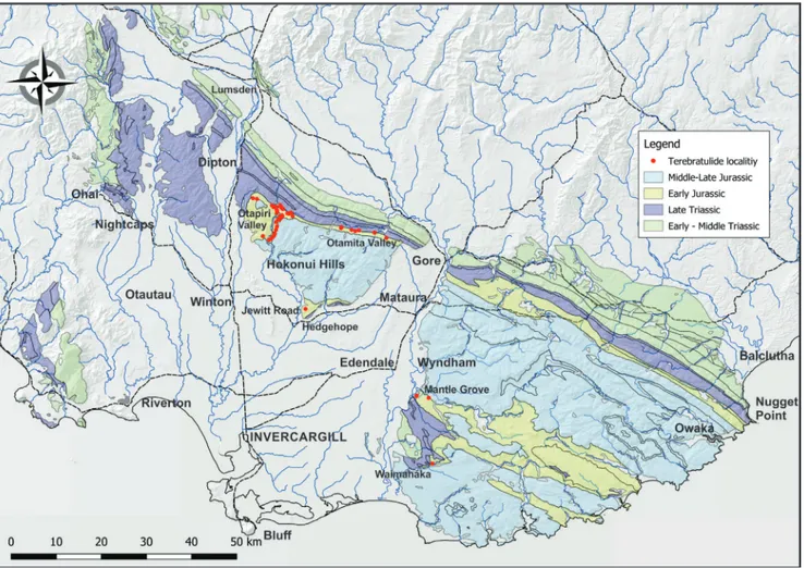 Fig. 6 - Southland, showing extent of  Southland Syncline.  Main terebratulide localities shown