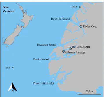 Fig. 1 - Locations of  sampling sites within Fiordland, South Island  New Zealand. 