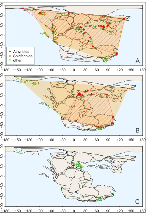 Fig. 5 - Geographic occurrence pat- pat-terns of  brachiopods in the  Norian A), Rhaetian B) and  Hettangian C), based on  the data deposited in the  PaleoDB