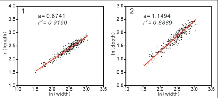 Fig. 4 - Bivariate plots of the natural logs of: 1) length vs. width, and 2) depth vs