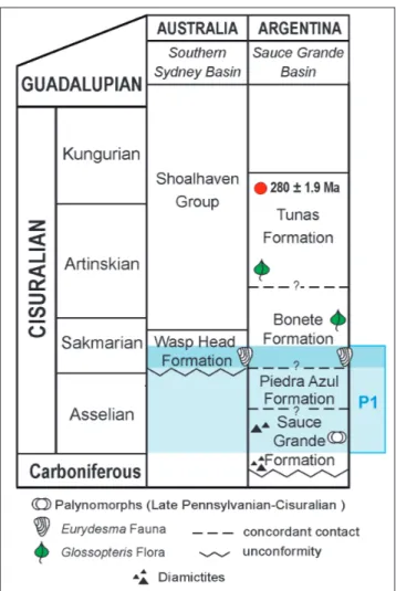 Fig. 11 - Biostratigraphic framework of  the Permian postglacial fau- fau-nas  in  the  Sauce  Grande  Basin  (Argentina)  and  Southern  Sydney Basin (Australia), indicating the glacial episode  pro-posed by Fielding et al