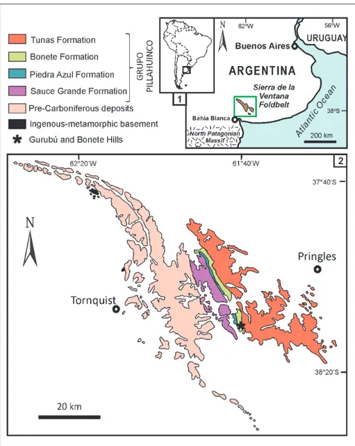 Fig.  2  -  1)  Geographic  location  of   Sierra  de  la  Ventana   Fold-belt  in  the  Sauce  Grande  Basin,  eastern Argentina; 2)  Sierra de la Ventana Foldbelt  outcrops  with emphasis on  the  Upper  Paleozoic  units  (Pillahuincó  Group)  and  the f