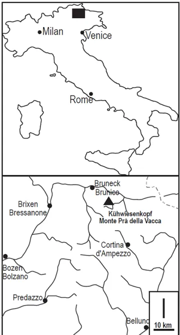 Fig. 1 - Geographical map showing the position of  the Kühwiesen- Kühwiesen-kopf/Prà della Vacca site.