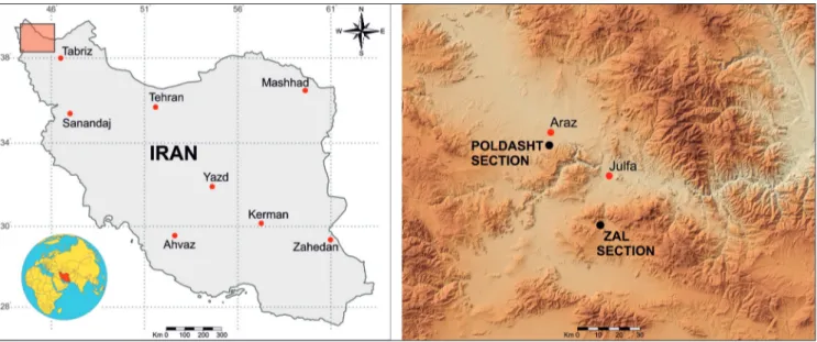 Fig. 1 - Geographic map showing the location of  the Zal section (38° 43′ 9.1″ N and 45° 34′ 37.5″ E) and the Poldasht section (39° 3′ 49.3″ N  and 45° 17′ 50.6″ E) (NW Iran).